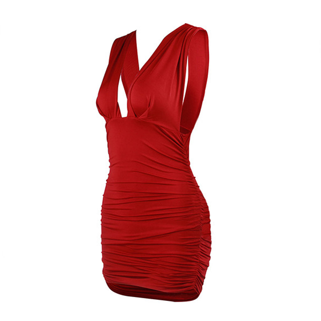 Front view of a red ruched bodycon dress with a deep V-neckline and sleeveless design, displayed on a white background.
