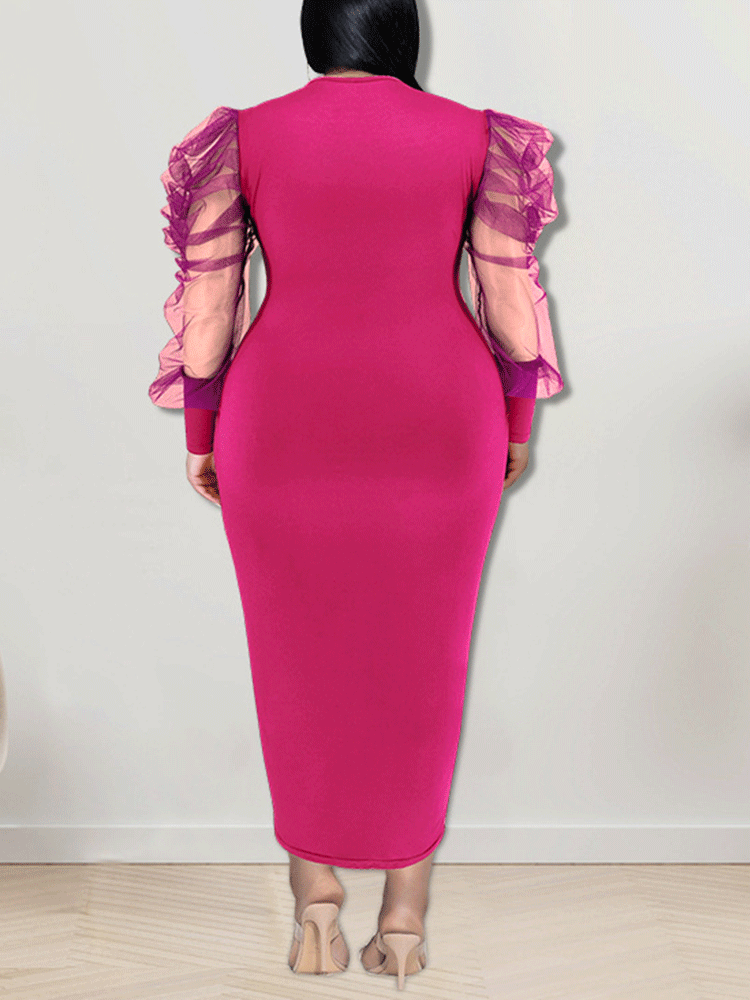 Solid Mesh Sleeve Maxi Dress - View 8 | Lwiis