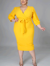 Solid V-Neck Midi Dress - View 8 | Lwiis