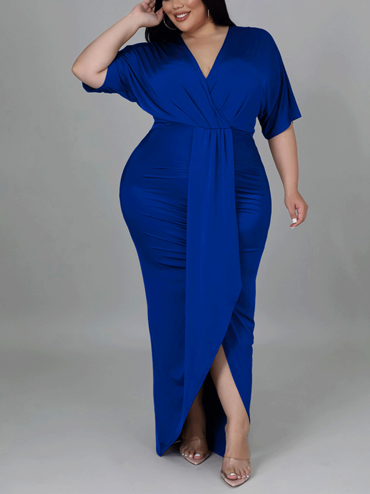 V-neck maxi dress with draped detailing and high slit - View 6 | Lwiis
