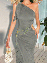 One Shoulder Velvet Maxi Dress - View 12 | Lwiis