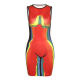 front view of a sleeveless bodycon dress with an abstract body print