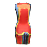 back view of a sleeveless bodycon dress with an abstract body print