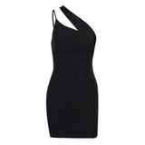 close-up of a black one-shoulder dress
