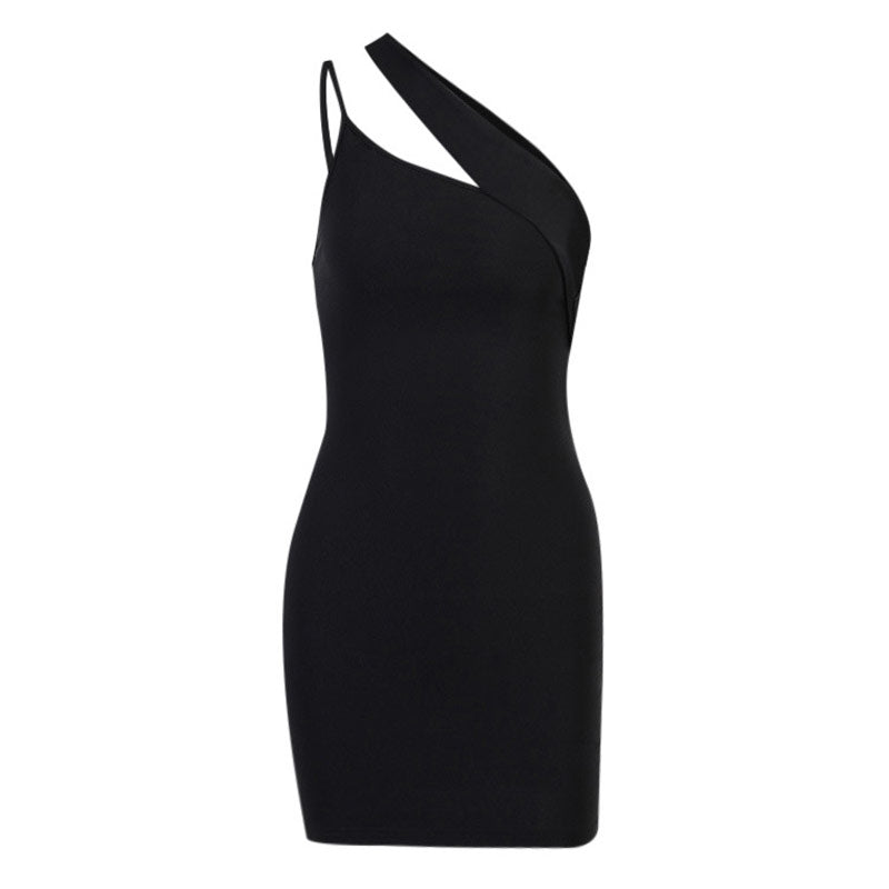 close-up of a black one-shoulder dress