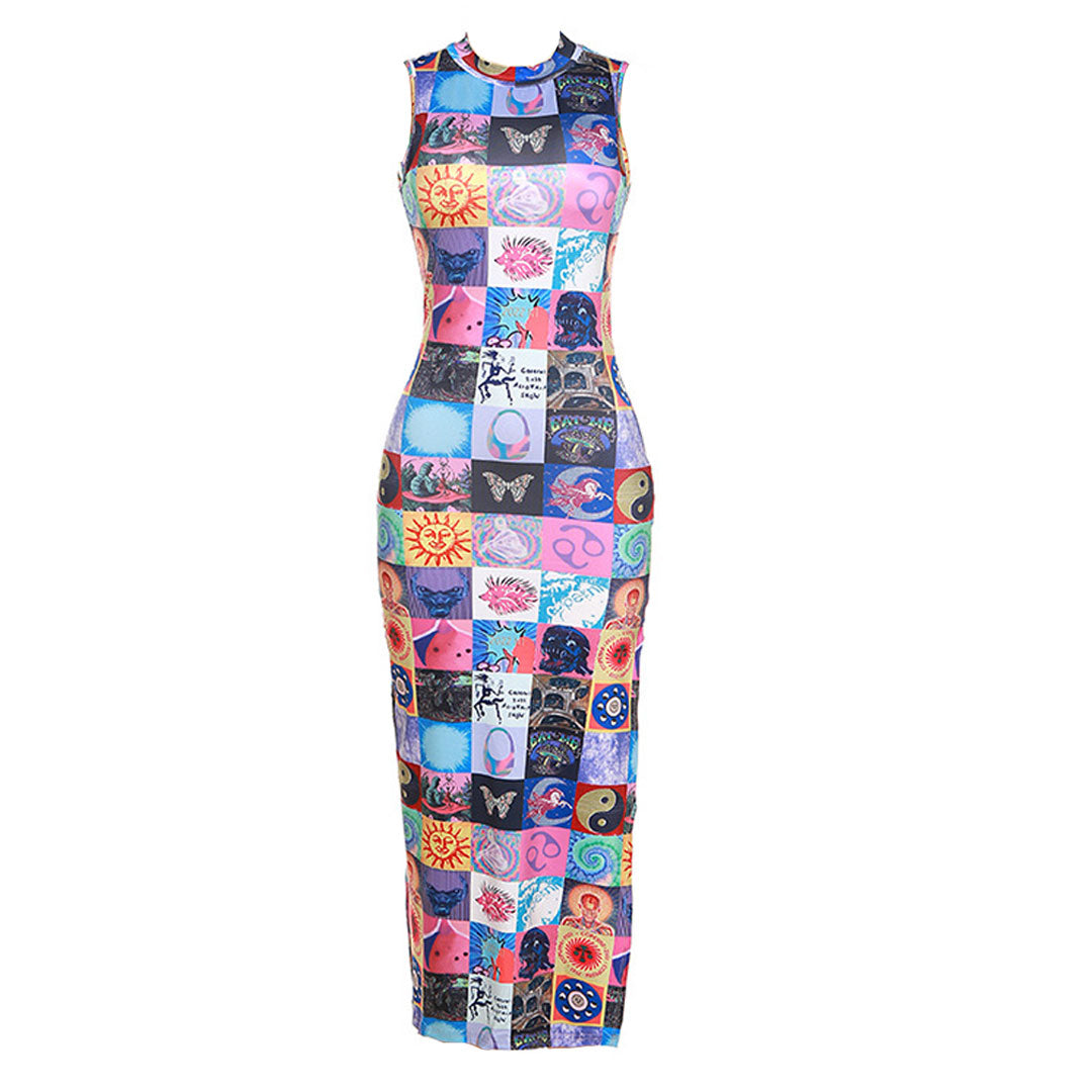A sleeveless, mock neck maxi dress with a patchwork print of various symbols and graphics, laid flat against a white background.