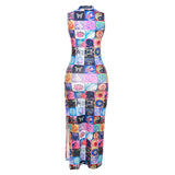 Back view of a sleeveless, mock neck maxi dress with a patchwork print, laid flat against a white background, showing a side slit.