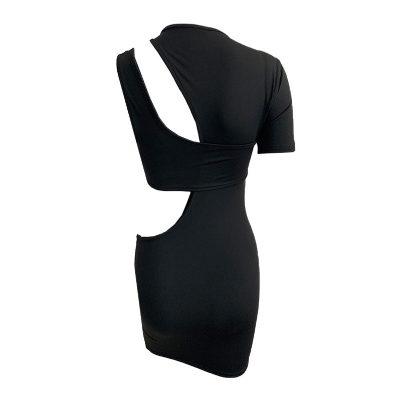 Back view of a black asymmetrical cut-out mini dress.