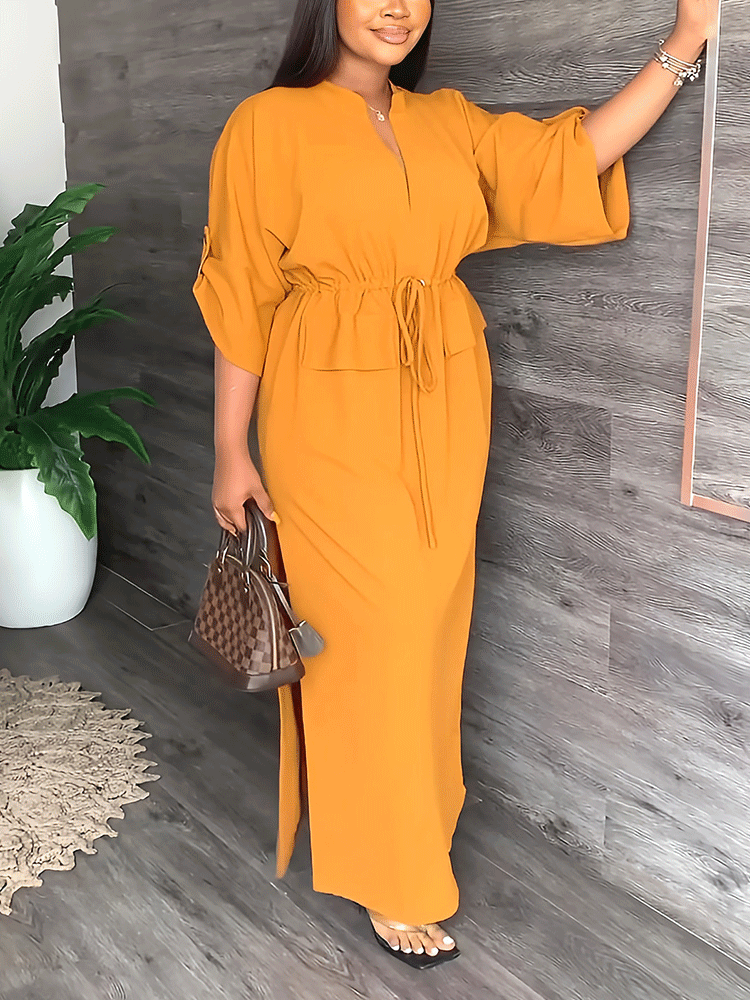 V-neck drawstring maxi dress - View 10 | Lwiis