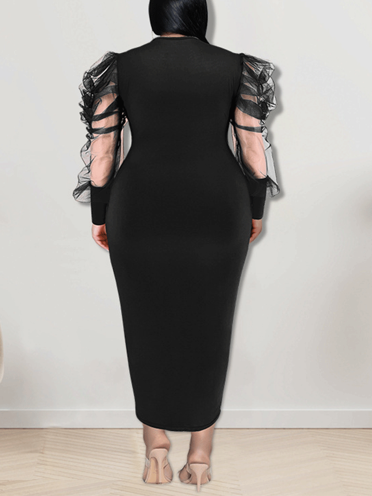 Solid Mesh Sleeve Maxi Dress - View 10 | Lwiis