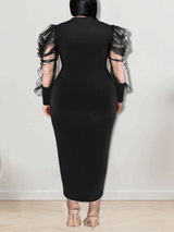 Solid Mesh Sleeve Maxi Dress - View 10 | Lwiis