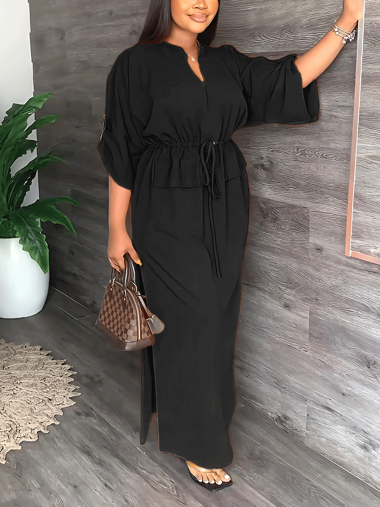 V-neck drawstring maxi dress - View 14 | Lwiis