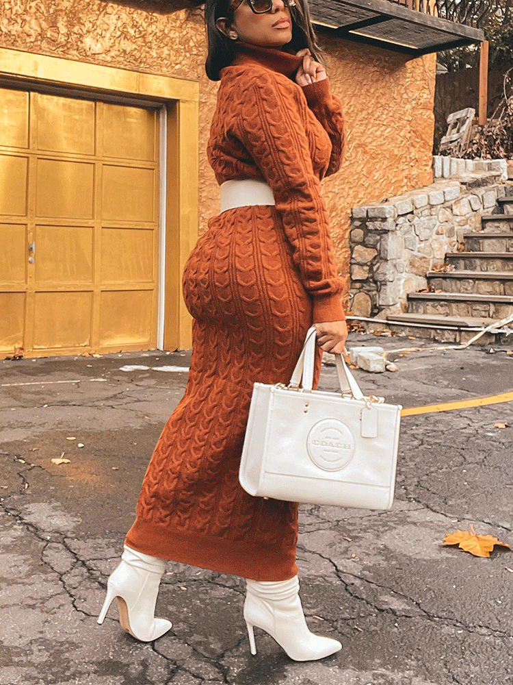 Ribbed knit high neck midi dress - View 12 | Lwiis