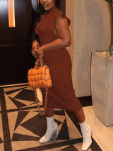 V-neck ribbed knit midi dress - View 6 | Lwiis