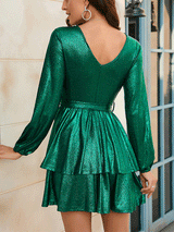 Back view of a woman in a green metallic long sleeve mini dress