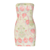 yellow strapless mini dress with a pink and green floral and damask print