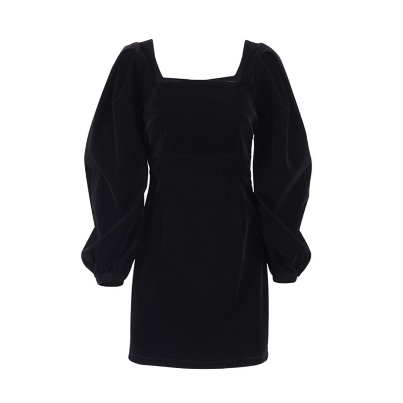 Black velvet mini dress with puff sleeves and a square neckline, displayed flat.