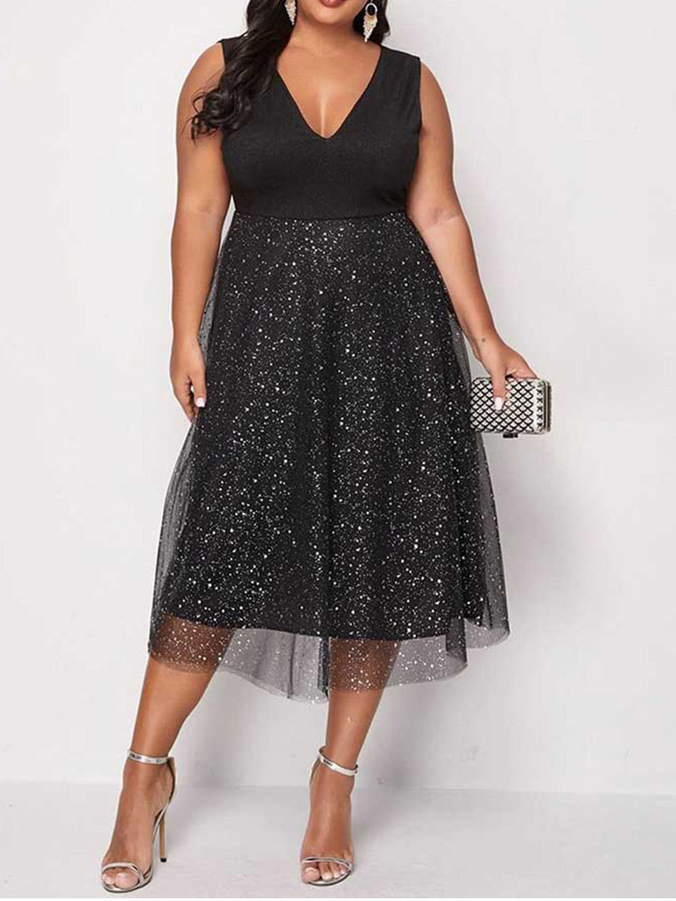Contrast Mesh V-Neck Midi Dress - View 8 | Lwiis