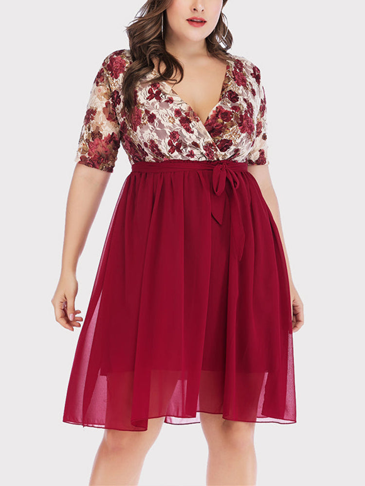 Plus size women's short sleeve floral print lace wrap dress with A-line skirt in burgundy