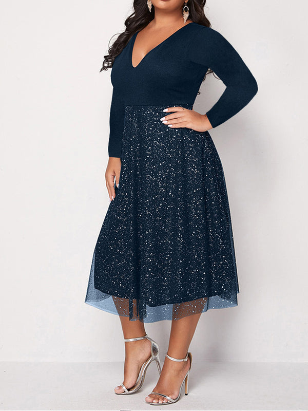 Plus size navy v-neck long sleeve sparkle midi dress side view