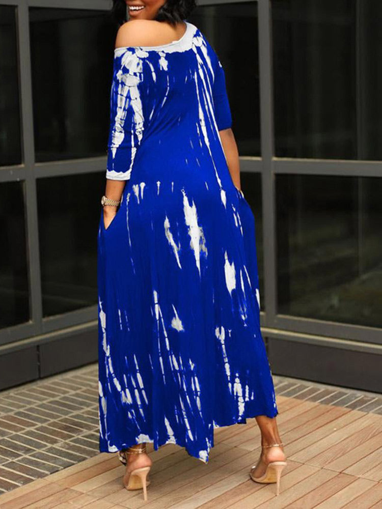 Tie dye print maxi dress with off-the-shoulder neckline and asymmetrical hem - View 18 | Lwiis