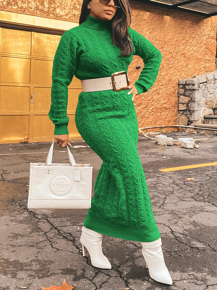 Ribbed knit high neck midi dress - View 14 | Lwiis