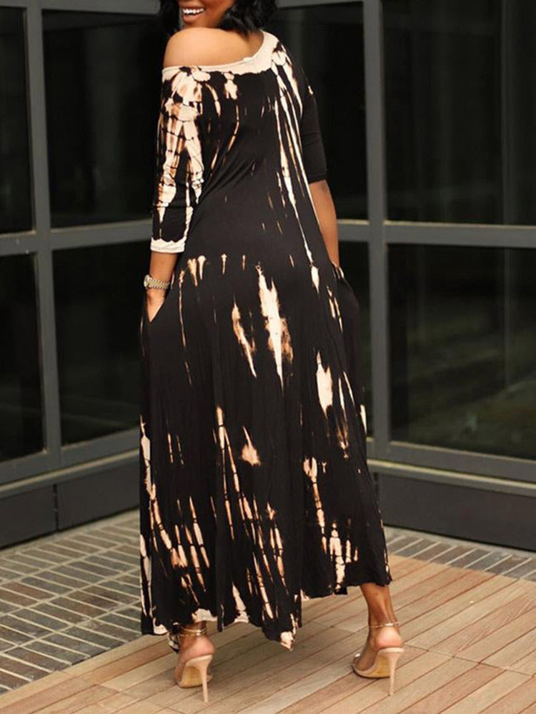 Tie dye print maxi dress with off-the-shoulder neckline and asymmetrical hem - View 12 | Lwiis