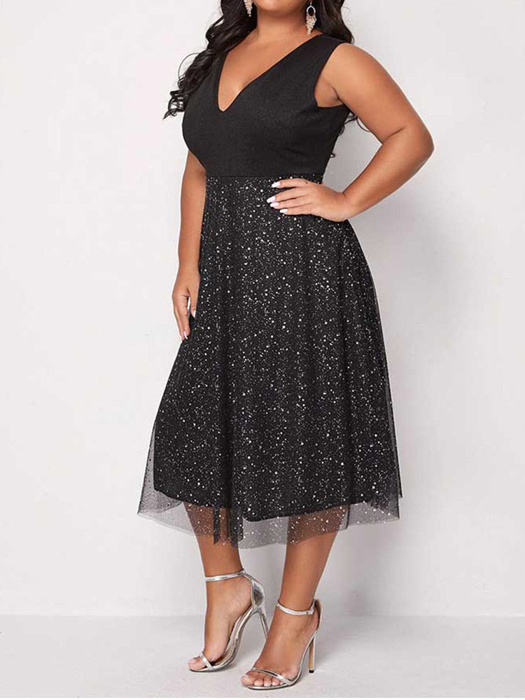 Contrast Mesh V-Neck Midi Dress - View 9 | Lwiis