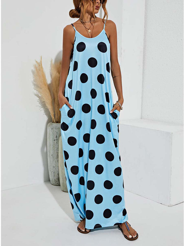 Polka dot maxi dress with spaghetti straps and pockets - View 9 | Lwiis