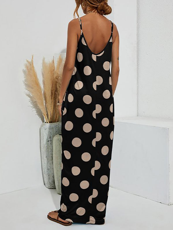 Polka dot maxi dress with spaghetti straps and pockets - View 7 | Lwiis