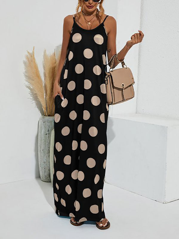Polka dot maxi dress with spaghetti straps and pockets - View 6 | Lwiis